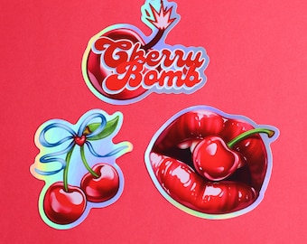 Holographic Cherry-Themed Sticker | Waterproof Vinyl Sticker | Stationery and Journal Sticker | Water bottle Sticker