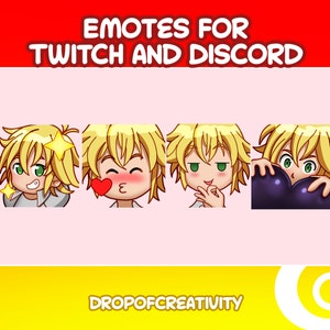 May include: Four animated emotes featuring a blonde character with different expressions. The emotes are for Twitch and Discord. The character is shown with a surprised expression, a blushing expression, a sly expression, and a biting expression.