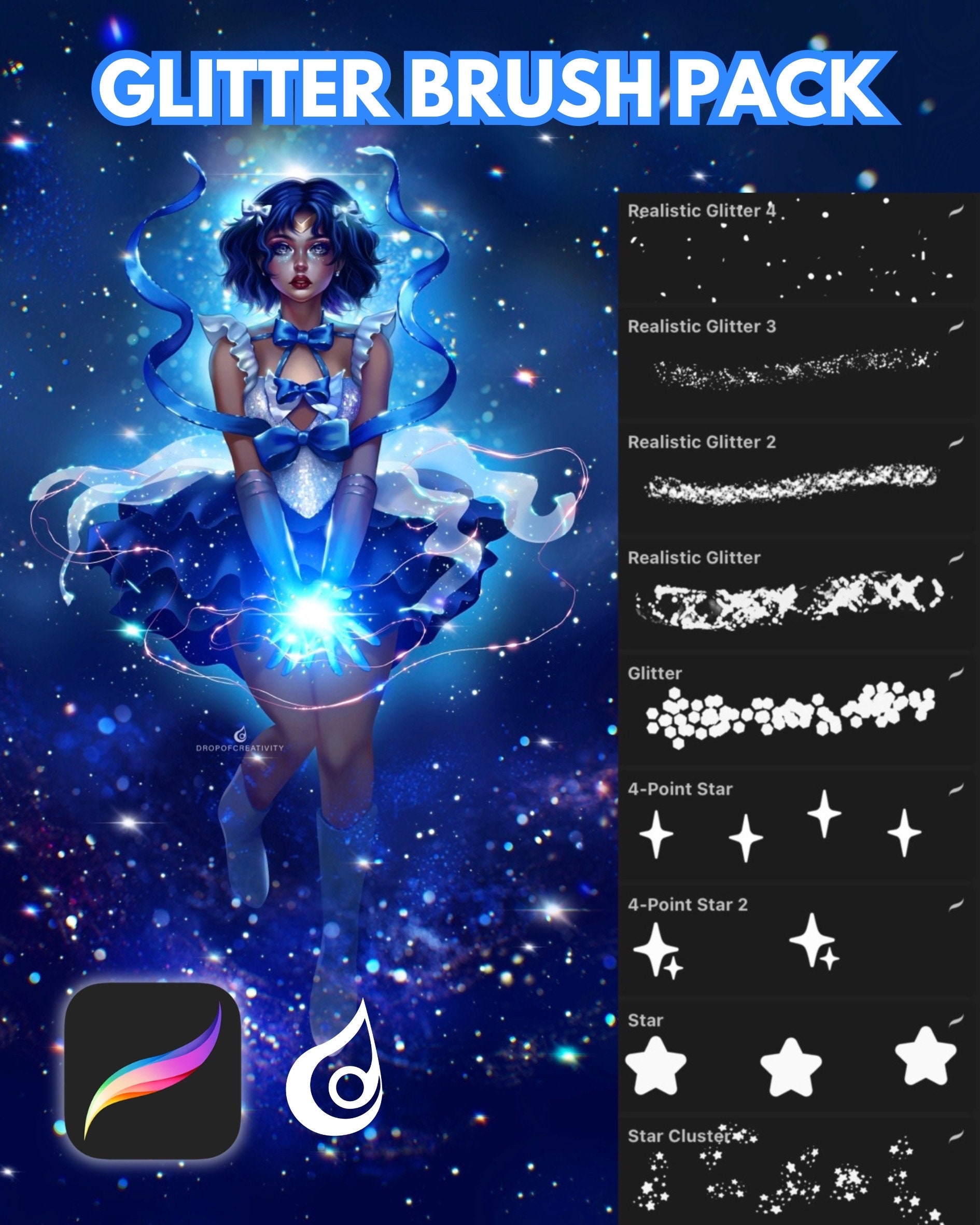 Pacote de pincéis com glitter para Procreate | 9 pincéis realistas de glitter e estrelas para iPad