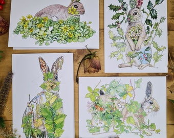 Four rabbit notecards (blank inside, 5" x 7") - Set 2 of "Lapine Botanica", inspired by Watership Down