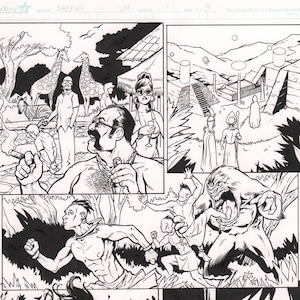 May include: Black and white comic book page with a jungle scene. The page features several characters, including a man with a beard, a woman with long hair, and a group of people running through the jungle. The text "SHEENA" is visible at the top of the page.