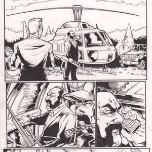 May include: Black and white comic book page with three panels. The first panel shows a man in a suit standing next to a helicopter. The second panel shows two men in a helicopter. The third panel shows a man in a suit looking up at a helicopter.