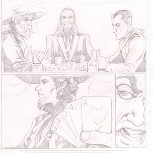 Puede incluir: Un dibujo a lápiz en blanco y negro de una página de cómic. La página presenta una escena de tres hombres jugando a las cartas. El texto "NO REST" es visible en la parte superior de la página.