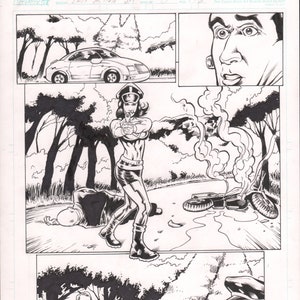May include: Black and white comic book page featuring a woman in a military uniform holding a gun. She is standing in a wooded area with a man lying on the ground. The woman is wearing a hat with the letters "LA" on it. The text "LADY ACTION #1" is visible at the top of the page.