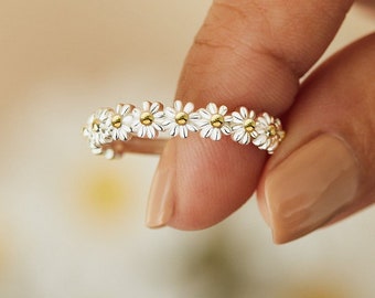 Oxidized Flower Daisy Vintage Beaded Ring .925 Sterling Silver Band Sizes 5-8