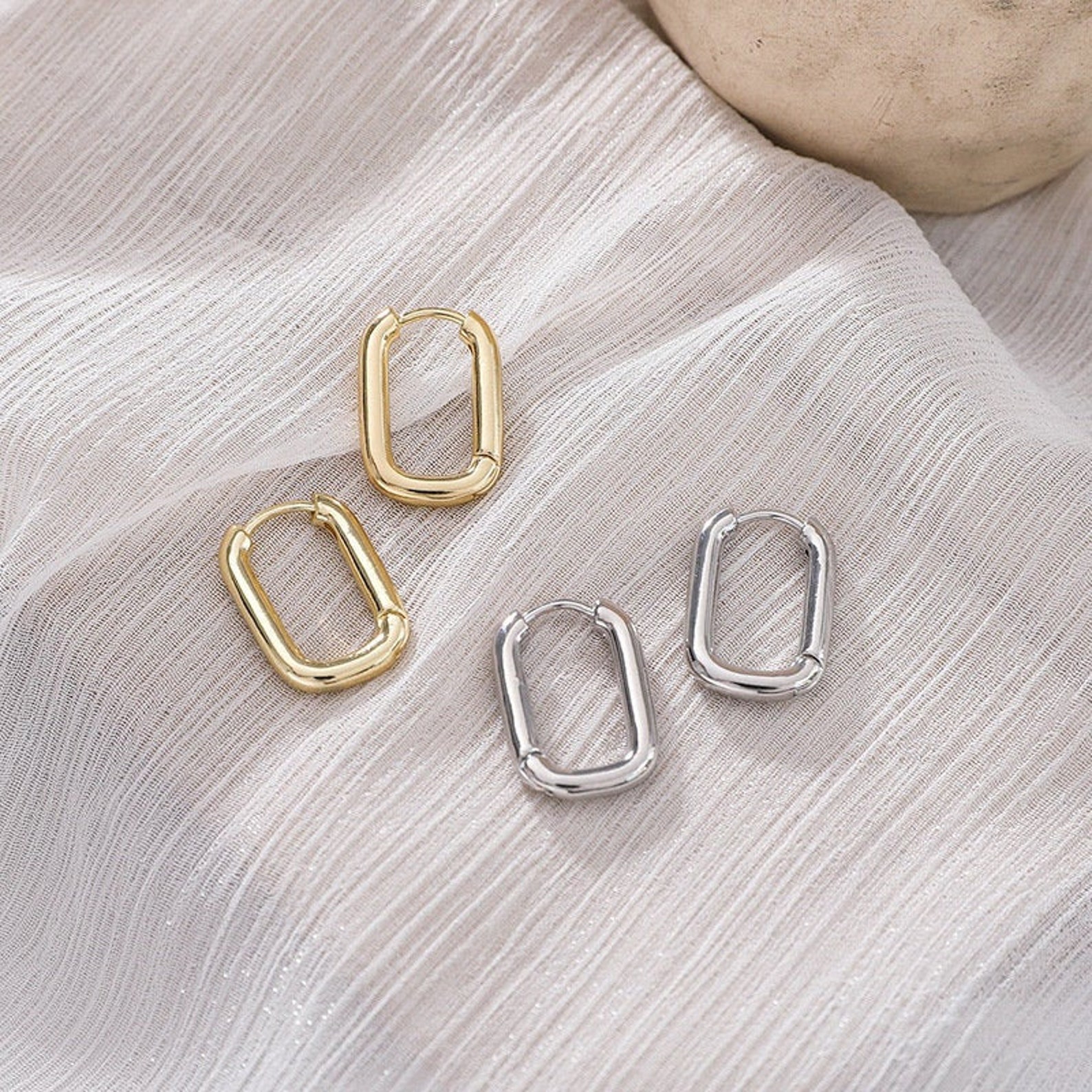 Rectangle Huggie Earring Oval Huggie Rectangle Hoop Earring Etsy