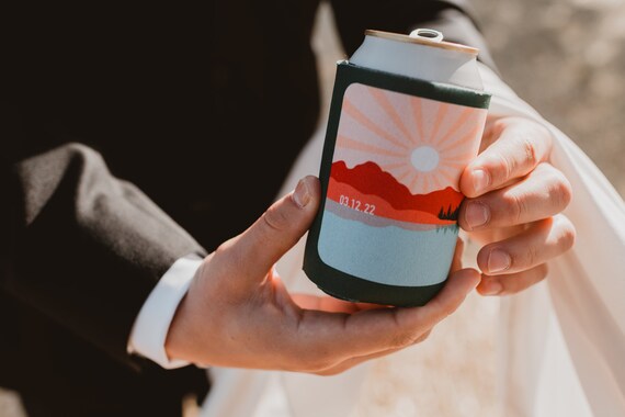 Mountain Wedding Koozies: Custom Can Coolers, Nature-Themed Favors