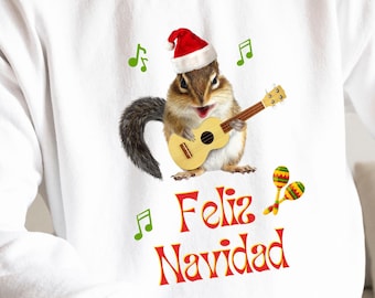 Chipmunk Ugly Sweatshirt, Funny Festive Sweater, Tiny Winter squirrel, Woodland Creatures Holiday Gift, Latin Guitar Music Xmas Pullover