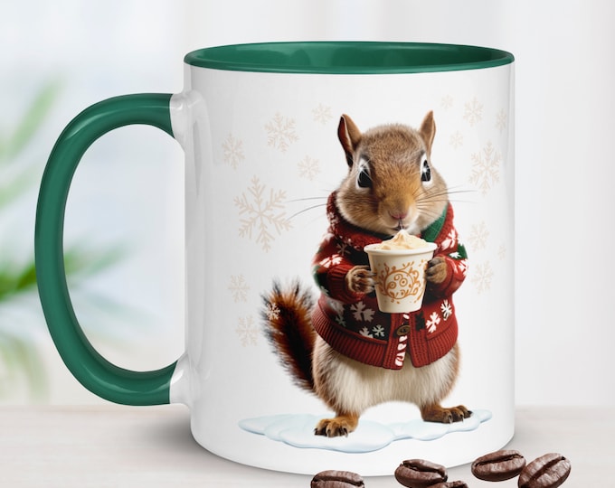 Squirrel Gifts, Winter Squirrel Mug with Latte, Roommate Gift, Cute Coffee Cup, Girlfriend Gift Ideas, Squirrel Lover, Snowflakes,Coffee Cup