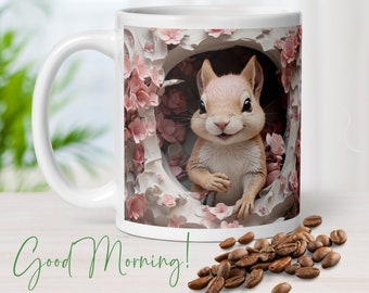 3D Anime Squirrel Mug with Pink Flowers, Squirrel Gifts for Roommate, Large Ceramic Coffee Mug Gifts for Best Friend Girlfriend Gift Ideas