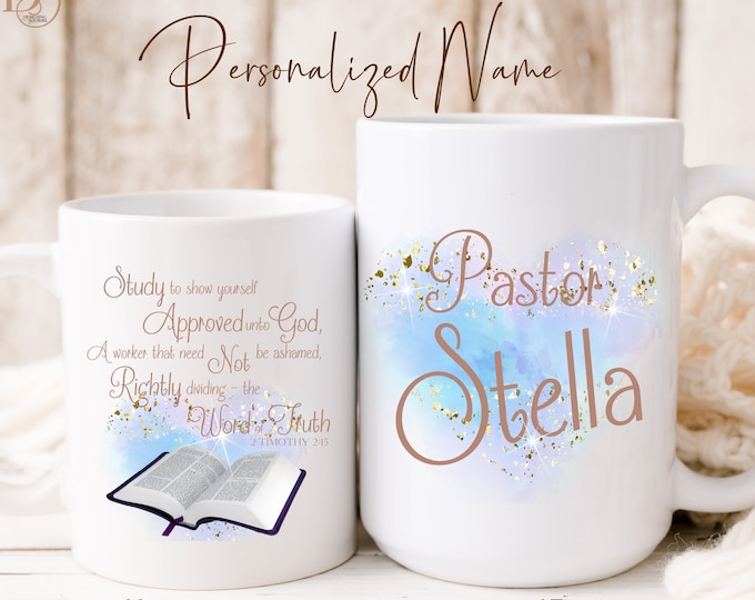 Personalized Female Pastor Gift, 1 Timothy Scripture Gifts, Customized Bible Verse Mug for Pastor Appreciation or Anniversary Large 15oz Mug