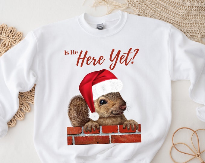 Is He Here Yet? ADHD Christmas Sweatshirt, Funny Holiday Apparel, Squirrel Gifts, Ugly Christmas Sweater and Best Friend Gift Girlfriend BFF