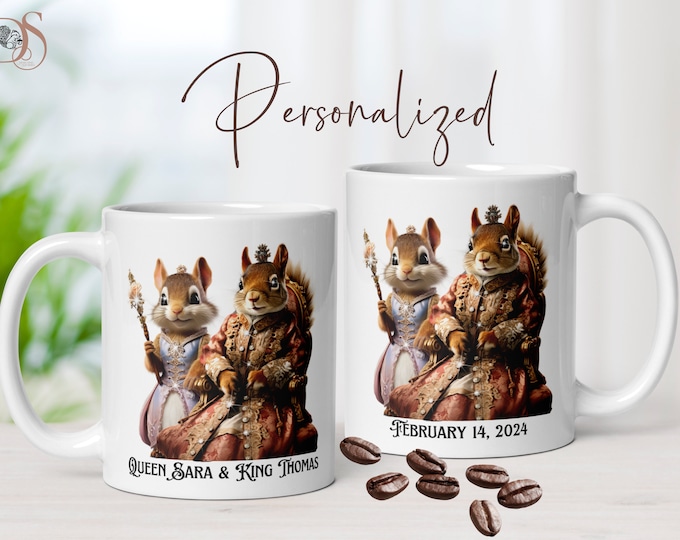 Personalized Squirrel Gifts Royal Queen & King Customizable Set of 2 Coffee Mugs for Wedding Couples Shower Anniversary Gift,Roommate Gift