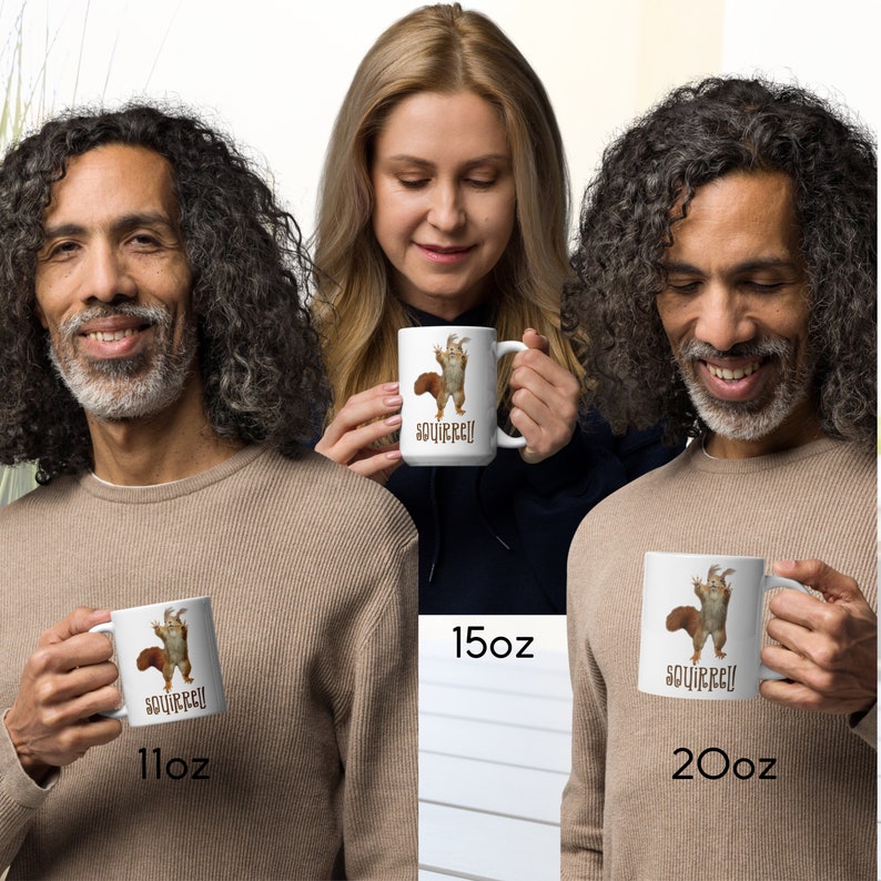 This image shows the sizes of mugs available. From left to right, 11oz, 15oz, and 20oz mugs.
