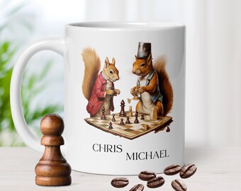 Customizable Names Coffee Mug, Squirrels Playing Chess,