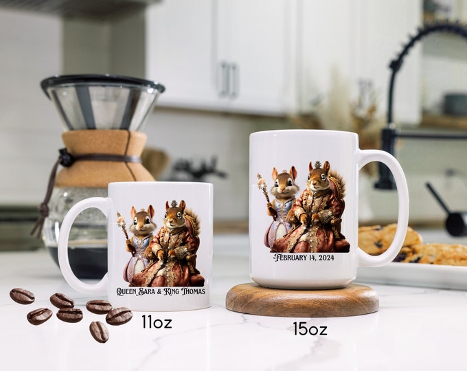 Personalized Squirrel Gifts Royal Queen & King Customizable Set of 2 Coffee Mugs for Wedding Couples Shower Anniversary Gift,Roommate Gift