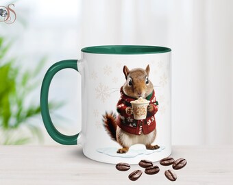 Squirrel Gifts, Winter Squirrel Mug with Latte, Roommate Gift, Cute Coffee Cup, Girlfriend Gift Ideas, Squirrel Lover, Snowflakes,Coffee Cup