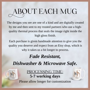 The designs you see are hand created by me and are one of a kind. A high quality glaze is used to seal the image inside which prevents fading making it dishwasher and microwave safe. Processing time is 3-6 working days, a bit during holidays.