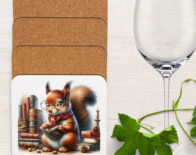 Cute Squirrel Gifts Set of 4 Coasters for Squirrel and Book Lovers Saying Just One More Page Cork-back coasters,Roommate Gift,Gift for BFF