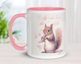 Berry-licious Kisses Pink Watercolor Squirrel Mug, Fashionista Squirrel Gifts for Roommate Gift, Girlfriend Gift Ideas, Cute Coffee Cup