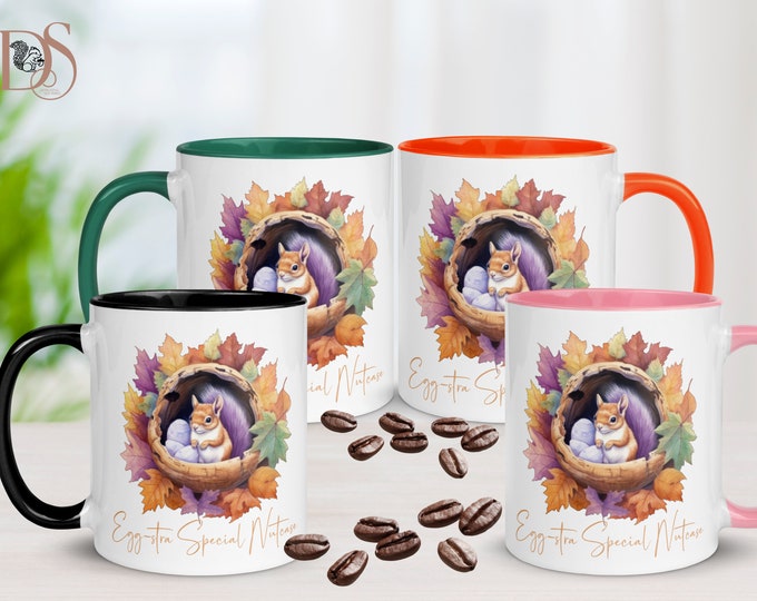 Funny Easter Squirrel Gifts, Egg-stra Special Nutcase, Squirrel Coffee Mug with Colored Handles for Sister in Law Gift, Roommate Gift, BFF