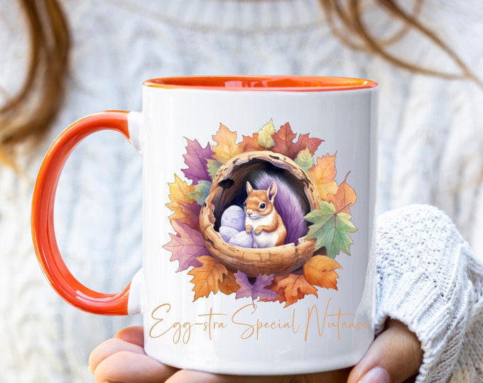 Funny Easter Squirrel Gifts, Egg-stra Special Nutcase, Squirrel Coffee Mug with Colored Handles for Sister in Law Gift, Roommate Gift, BFF