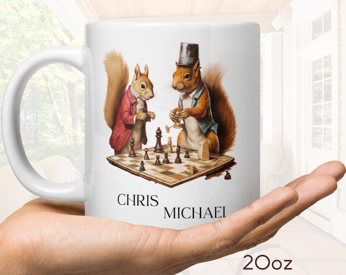 Personalized Names Coffee Mug with Brown Squirrels Playing Chess Perfect Gift for Chess Game Enthusiasts Squirrel Lovers Customized 20oz Cup