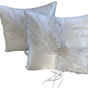 Wedding Kneeling Pillows Set, Embroidered Nuestra Boda Kneeling Pillows, Satin and Lace Kneeling Pillows (Set of 2)