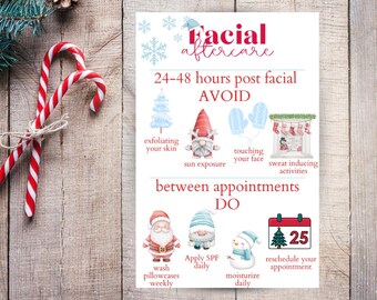 Może przedstawiać: Biała, drukowana karta z motywem świątecznym w kolorze czerwonym i białym. Karta zawiera tytuł "Facial Aftercare" i zawiera instrukcje dotyczące okresu przed i po zabiegu na twarz. Instrukcje obejmują "24-48 godzin po zabiegu na twarz UNIKAĆ" i "między wizytami ROBIĆ".