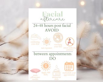 Może przedstawiać: Biała karta z tekstem "Facial aftercare" i instrukcjami. Radzi unikać złuszczania skóry, ekspozycji na słońce, dotykania twarzy i aktywności powodujących pocenie się. Zaleca cotygodniowe pranie poszewek na poduszki, codzienne stosowanie SPF.