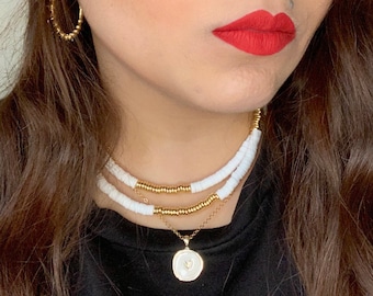 Layering Necklace | Heishi Vinyl Disk Necklace | Summer Jewelry | White and Gold Necklace | Gold Spacers Accent | Boho Chic