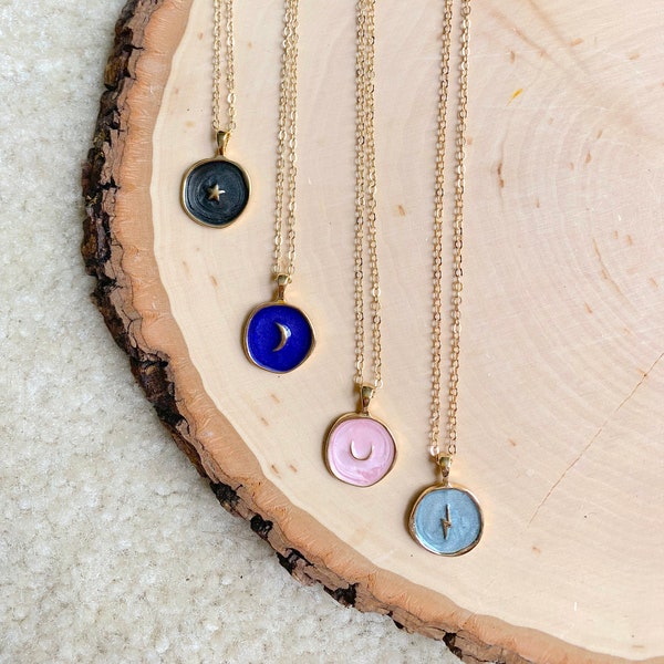 Mond Halskette | Herz Halskette | Stern Halskette | Blitz Halskette | Emaille | Himmlisch | Bunt | Goldkette |