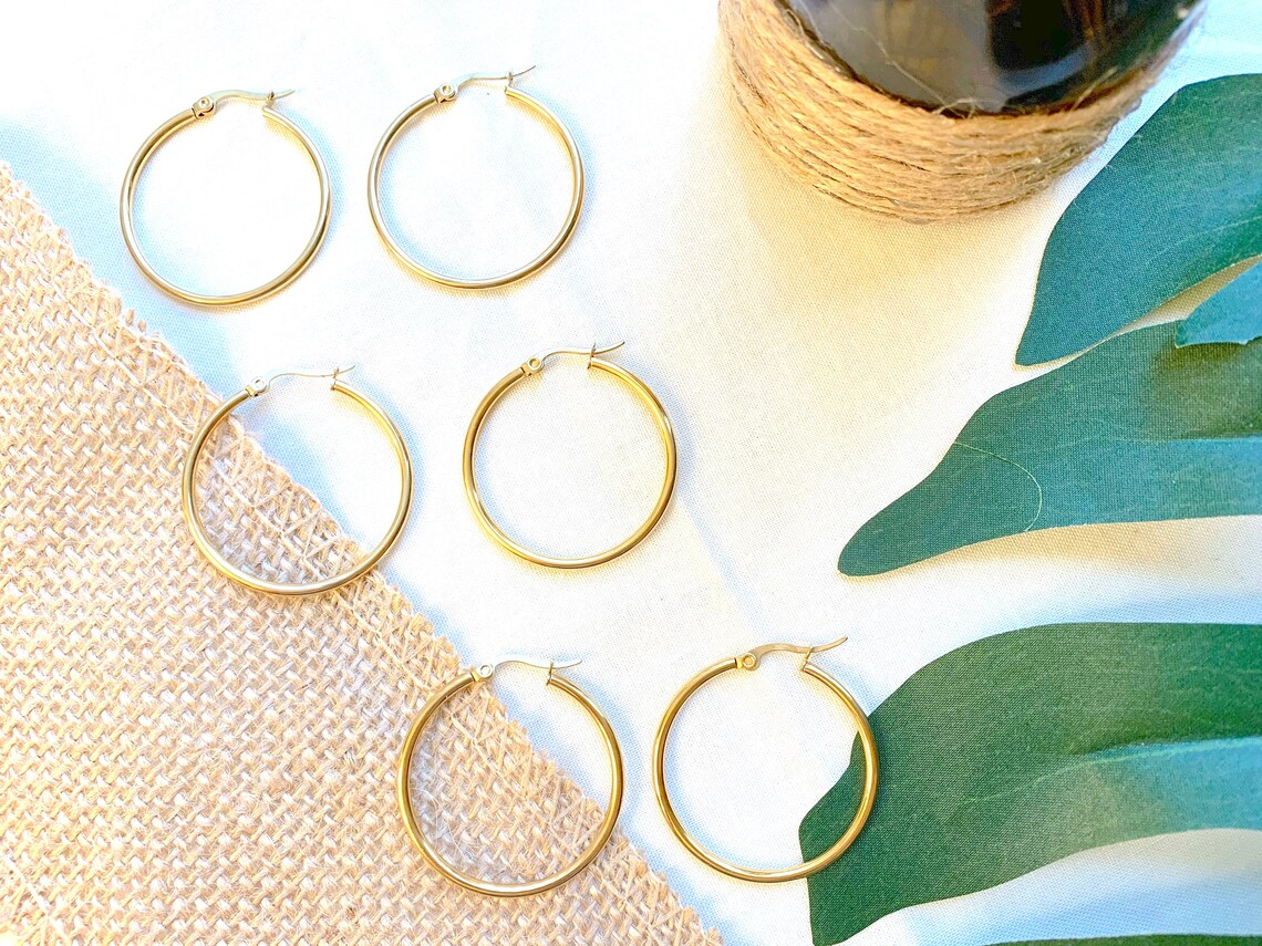 Classic Gold Hoops 30 Mm Stainless Steel Etsy