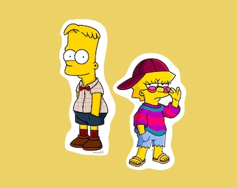 May include: Two cartoon stickers featuring characters from The Simpsons. One sticker shows a boy in a plaid shirt, shorts, and brown shoes. The other sticker shows a girl wearing a hat, sunglasses, and a colorful sweater.