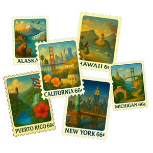 States Stickers | Postage Stamps | Mailing Stamps | 50 States and Puerto Rico |