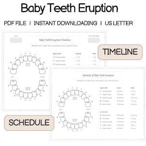 Tableau imprimable de dentition de bébé, enregistrement de l'éruption des dents de bébé, suivi des dents de bébé, chronologie des éruptions des dents de bébé, calendrier des éruptions des dents de bébé