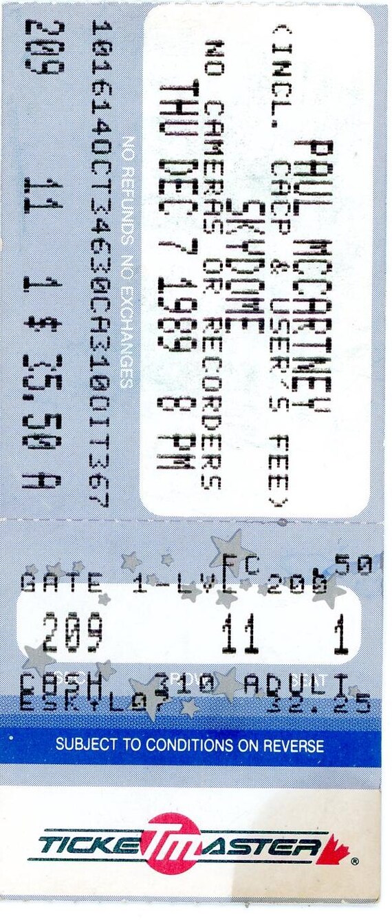 Paul Mccartney World Tour Vintage Concert Ticket Stub Skydome