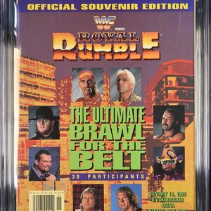 Revista de programa de WWF Royal Rumble de 1992, calificada por CGC, apta para quioscos, con la victoria de Ric Flair. Top POP 1