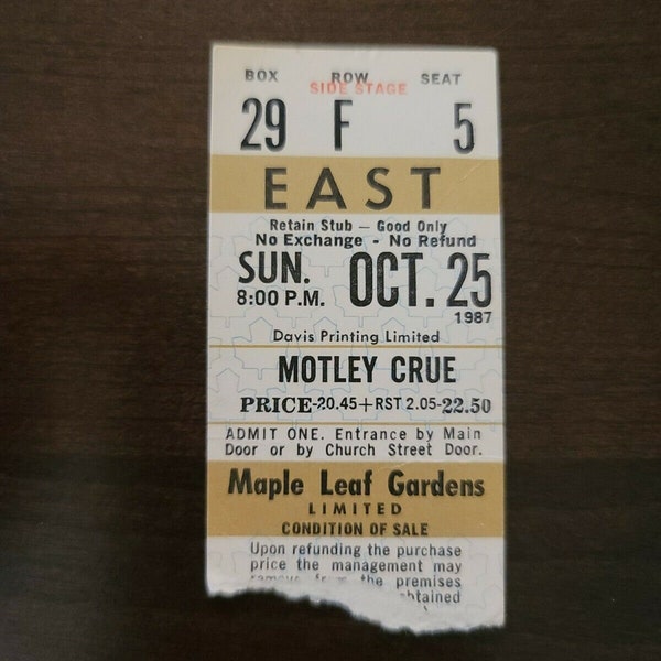 Motley Crue 1987, Toronto Maple Leaf Gardens Original Concert Ticket Stub