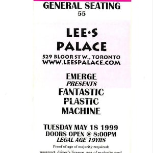 Original Fantastische Plastik Maschine Vintage Konzertkarte Lee's Palace (Toronto, 1999)
