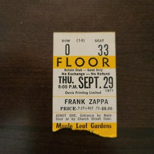 Frank Zappa 1977, Toronto Maple Leaf Gardens Original Konzertkarte Stummel