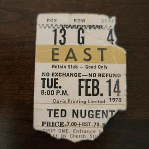 Ted Nugent 1978, Toronto Maple Leaf Gardens Original Konzert-Gold-Karte Stub