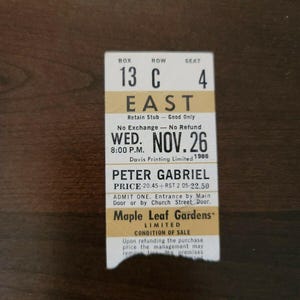 Peter Gabriel 1986, Toronto Maple Leaf Gardens Original Konzertkarte Stummel