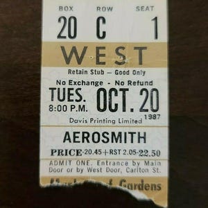 AeroSmith 1987, Toronto Maple Leaf Gardens Vintage Original Konzertkarte Stub
