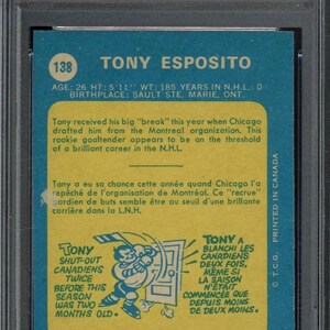 1969 OPC O-Pee-Chee Tony Esposito Graded Rookie Card # 138 PSA 8 afbeelding 2