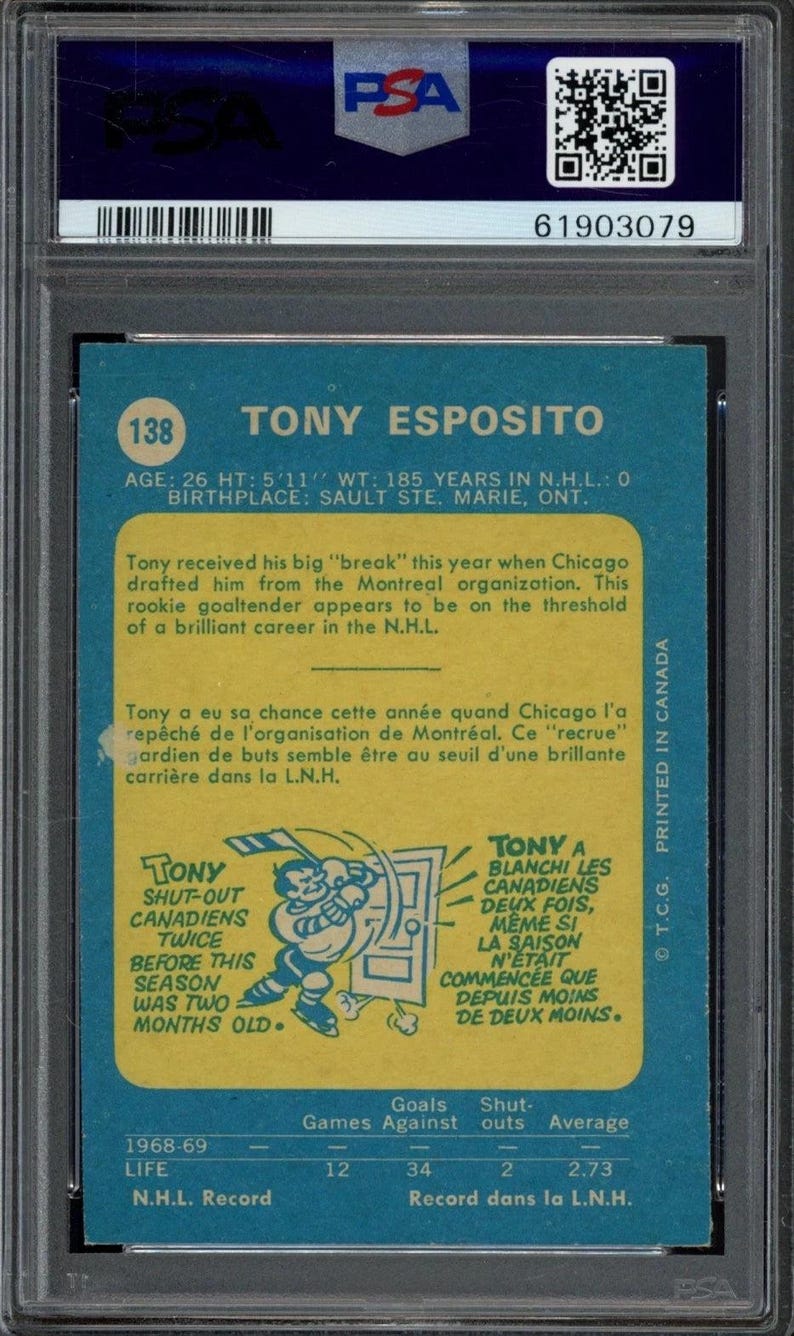 1969 OPC O-Pee-Chee Tony Esposito Graded Rookie Card # 138 PSA 8 afbeelding 2
