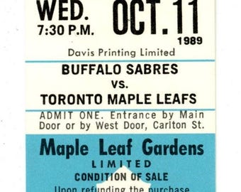 Buffalo Sabres vs. Toronto Maple Leafs Unused Full Ticket Maple Leaf Gardens (Toronto, October 1989)