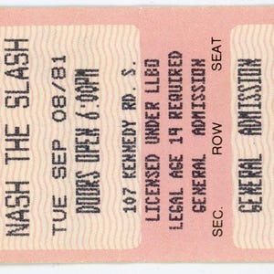 Nash the Slash Vintage Konzertkarte Stub (Brampton ON, 1986)