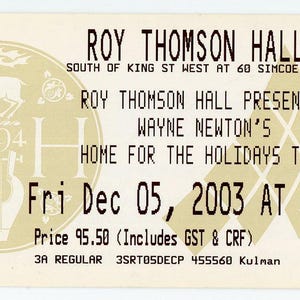 Wayne Newton Vintage Konzertkarte Stub Roy Thomson Hall (Toronto, 2003)