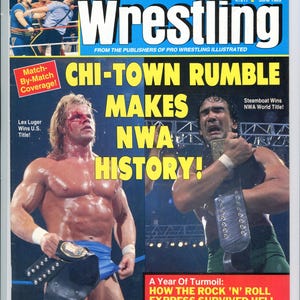 May include: A vintage June 1989 issue of "Wrestling" magazine. The cover features two wrestlers, one with blonde hair and blue trunks, the other with a championship belt. Headlines include "Chi-Town Rumble Makes NWA History!" and "Lex Luger Wins U.S. Title!"